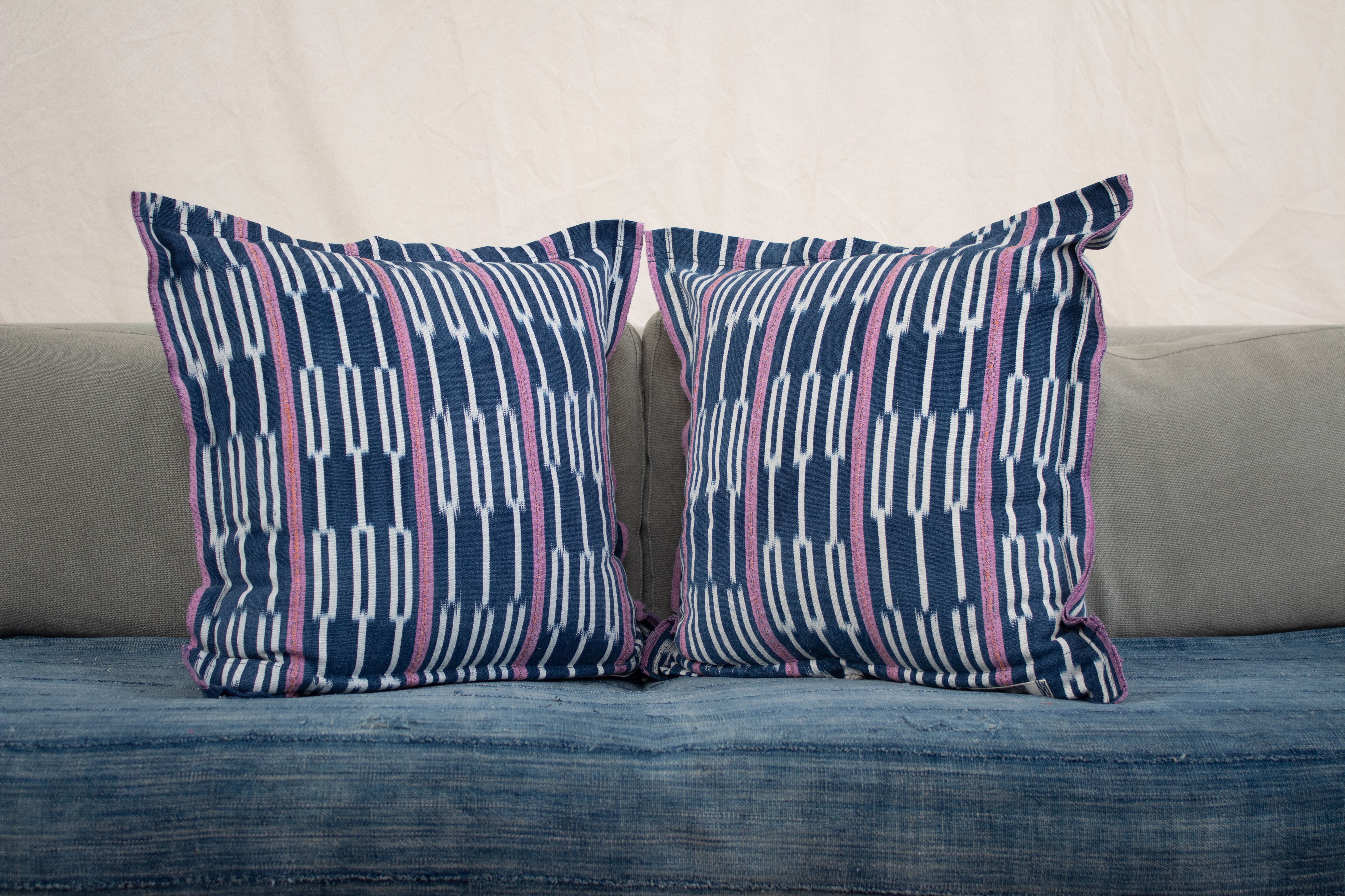 Vintage Baule Indigo Ikat Pillow - Lavendar Stripe - 22"